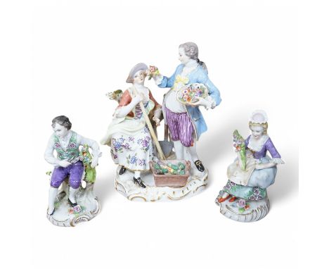 A 20th century Meissen figure group and two other Continental porcelain figures, largest 19cm high. Condition - fair/good Som