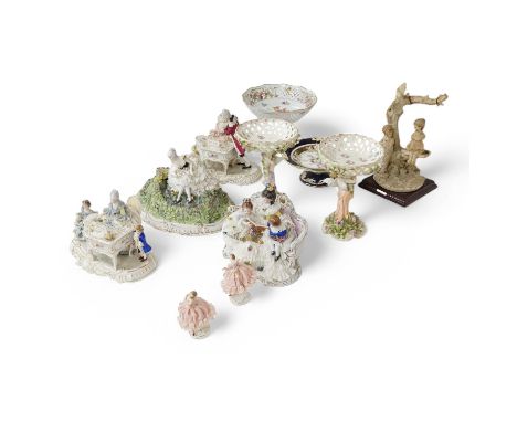 A collection of 19th century and later porcelain to include Dresden figure groups and pedestal bowls, largest 31cm wide. Cond