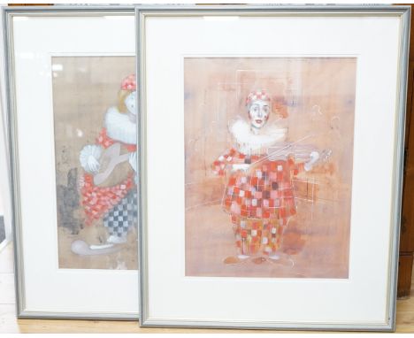 Russian School, pair of heightened mixed medias, Studies of clowns playing instruments, each signed, 45 x 33cm. Condition - g