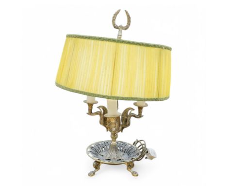 An empire style brass three branch table lamp with shade, 61cm. Condition - fair to good, not tested