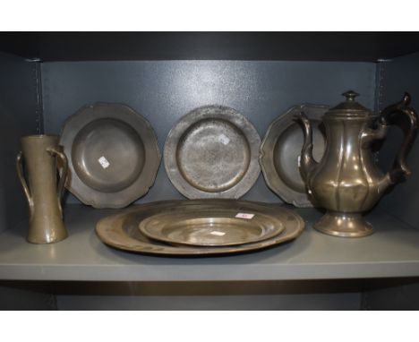A fine selection of pewter wares including large R Baldwin charger and tudric styled vase
Charger 38cm