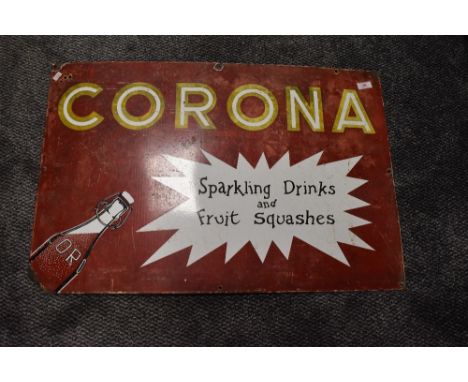 A vintage enamel advertising sign for Corona Sparkling drinks and fruit squashes
Approx Lenght 76cm x Height 51cm