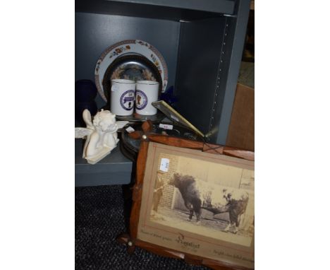 A selection of Russian ceramic display plates and local interest Photo of large bull dated 1872