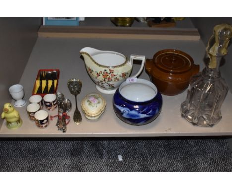 A selection of ceramics including salt glazed crock pot and Victorian decanter