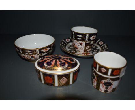 A selection of Royal crown Derby ceramics including bowl, trinket box, teacup saucer and vesta holder all with red back stamp