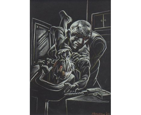 * PETER HOWSON OBE (SCOTTISH b 1958), HADGEY'S HAMMER HORROR pastel on paper, signed and dated '07 28cm x 20cm Mounted, frame