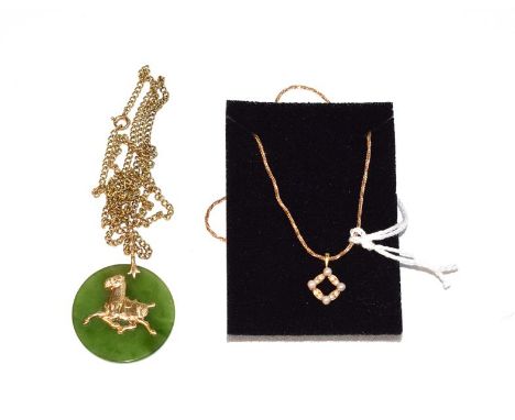 An 18 carat gold cultured pearl and diamond pendant on chain, chain length 41cm; and a jade pendant on chain .  Cultured pear
