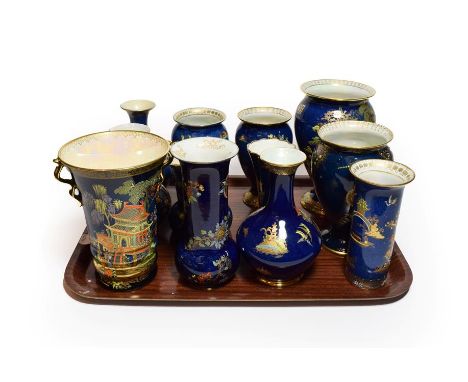 Carlton ware blue ground chinoiserie pattern lustre wares comprising various vases (12). Light surface scratches and wear to 