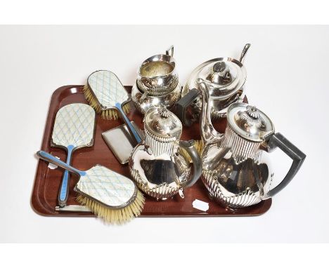 A collection of silver and silver plate, the silver comprising a four-piece dressing table service, by Albert Carter, Birming