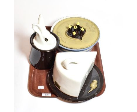 J &amp; G Morton ceramic designs, three 20th century pieces comprising a pie dish, dated 1996, cheese wedge, dated 1986 and a
