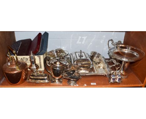 A quantity of silver plate including a large Victorian silver plated twin handled sectional tray, entree dishes and covers, b