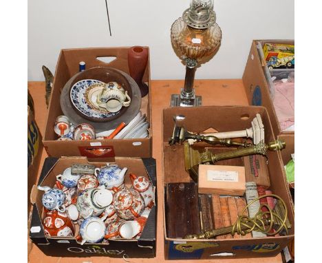 A quantity of decorative ceramics, glass and ornamental items including Prattware jug, a Corinthian column chrome plated oil 