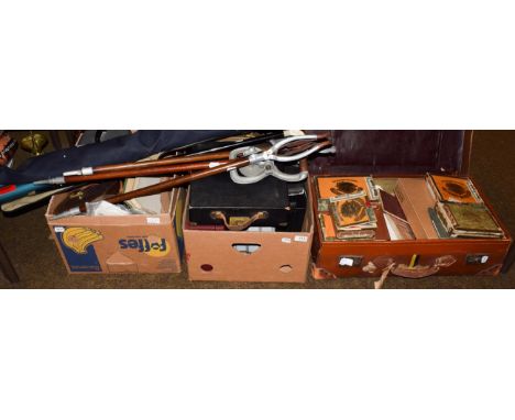 Miscellaneous items including cameras, binoculars, an Autobridge playing board, typewriter in case, shooting sticks, loose st