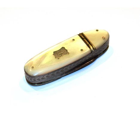 A Victorian steel and mother of pearl combination vesta-case, pen knife, oval, the hinged mother-of-pearl applied cover with 