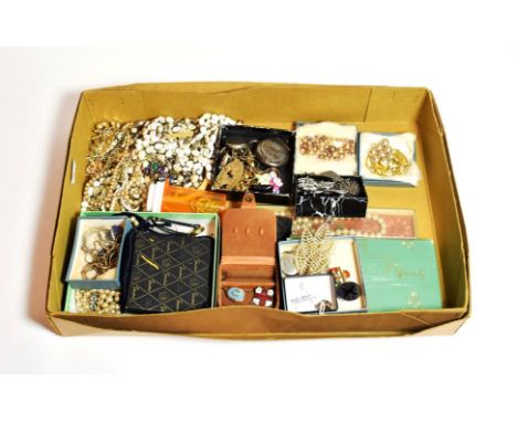 A quantity of costume jewellery including a pair of 9 carat gold cultured pearl earrings, simulated pearl necklaces, a silver