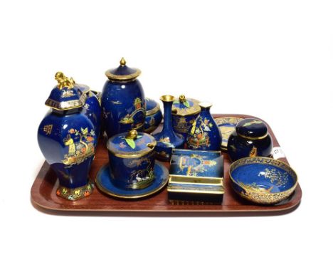 Carlton ware blue ground chinoiserie pattern lustre wares including a selection of small vases, some with covers, a box and c