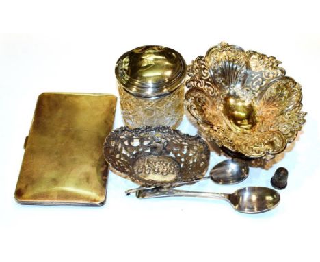 A collection of assorted silver, including a parcel-gilt silver cigarette-case, oblong and engine-turned, 13.5cm high, a silv