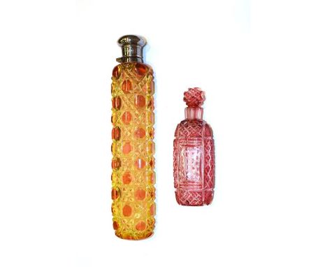 A George V silver-mounted two-colour glass scent bottle, the mount London, 1917, the body hobnail cut and in yellow and ruby 