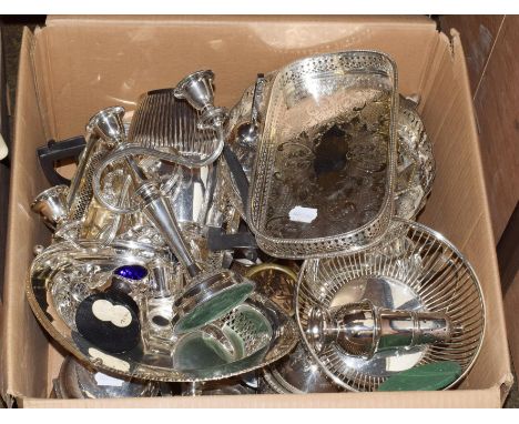 A large quantity of assorted silver plate including tea and coffee wares, a three-light candelabra, various baskets and other