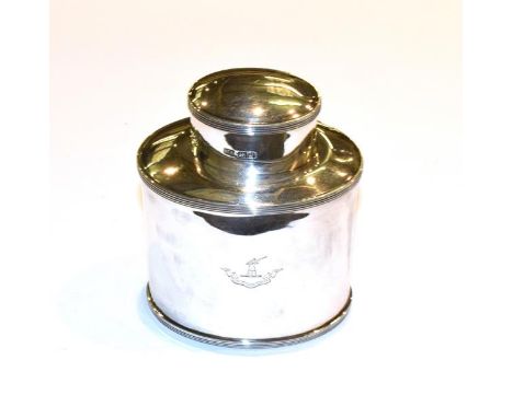 An Edward VII Silver tea caddy, by Henry Atkin, Sheffield, 1907, plain oval and with reeded borders and pull off cover, 10.2c