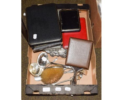 A collection of silver and silver plate, the silver including four cased sets of spoons or tea-knives and a part dressing tab