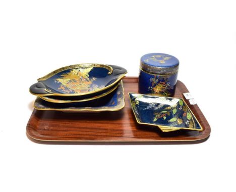 Carlton ware blue ground chinoiserie pattern lustre wares including four various dishes, the largest square dish 24cm by 24cm