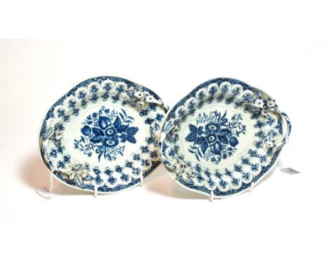 A pair of First Period Worcester basket stands with blue and white pinecone decoration, crescent mark to base