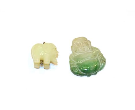 A jade Buddha and an elephant pendant, length 2.0cm.  Buddha - 5.3 grams. Elephant - 4.2 grams 