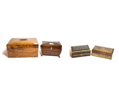 A Regency rosewood inlaid two division sarcophagus shaped tea caddy, together with two Eastern inlaid boxes and a walnut vene