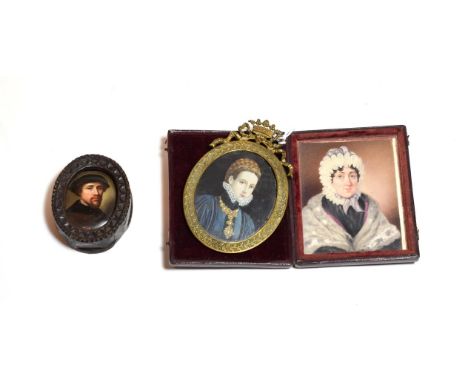 An enamelled portrait miniature of a gentleman in carved wood frame, together with a further decorative portrait miniature de