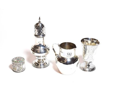 Four silver items, including an Edward VII silver caster, by Herbert Edward Barker & Frank Ernest Barker, Chester, 1909, balu