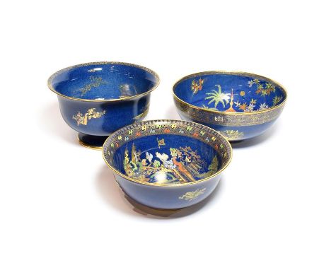 Carlton ware blue ground chinoiserie pattern lustre including a ''Persian'' pattern bowl 23cm diameter and two others (3). Li