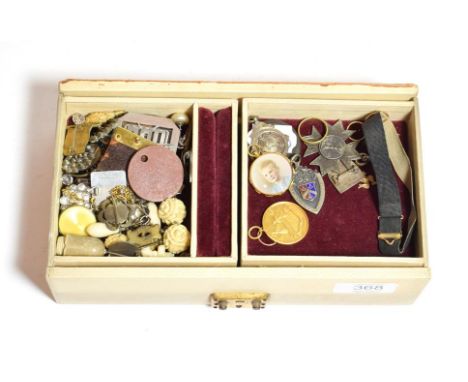 Turquoise set picture locket with applied plaque, stamped 9ct, a selection of silver sporting medals, other gilt metal medals