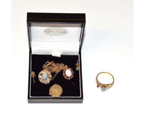 A contemporary opal doublet ring, finger size S and earring suite, stamped '375'; an opal pendant on chain; and a pair of opa