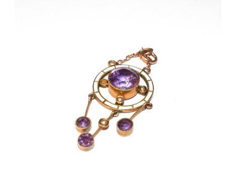 An amethyst, split pearl and enamel pendant, length 4.7cm .  Stamped '9CT'. Gross weight 2.3 grams. 