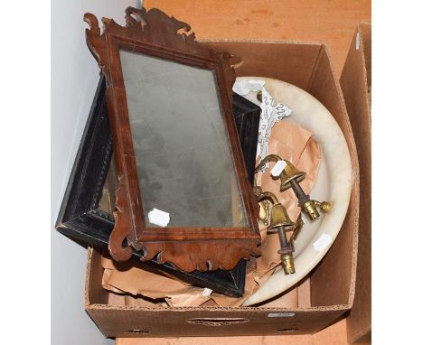 * An alabaster light shade, together with other lighting, a fret-cut mirror and a rectangular ebonised wall mirror (qty)