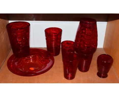 Whitefriars - A Group of Wave Ribbed Glass Vases and Bowl, in ruby, including tumbler vases, pattern 8473, various sizes (8)