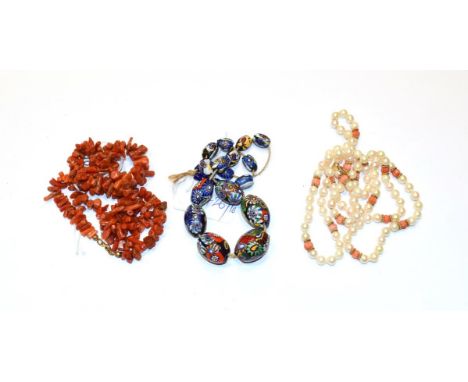 A pear and coral necklace with 9ct clasp, including a coral necklace and a cloisonne enamel necklace (2)