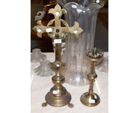 * A Victorian brass and 'bejewelled' altar cross, of Arts &amp; Crafts stylised form, on domed base, 67cm height: together wi