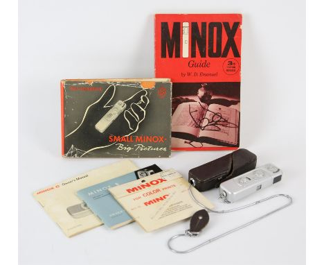 James Bond - Vintage Minox B sub miniature spy camera with original leather case and chain and a collection of manuals / guid