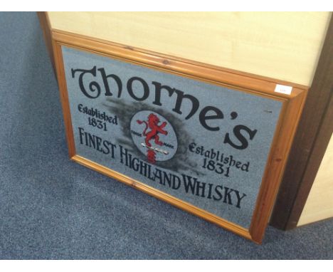 THORNE'S SCOTCH WHISKY ADVERTISING MIRROR Text reads: 'Thorne's Established 1831 Finest Highland Whisky.' In wooden frame. 89