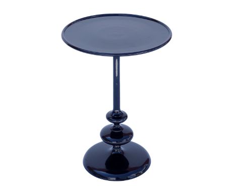 Mid Century Modern Black Painted Pedestal Round Metal Side Table. Measures 22" H, 15-3/4" dia top. From the Jupiter Island, F
