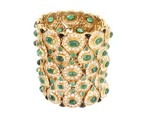 Exquisite Cabochon Colombian Emerald, Approx. 48.54 Carat Pave Set 636 Round Brilliant Cut Diamond and 18 Karat Yellow Gold F