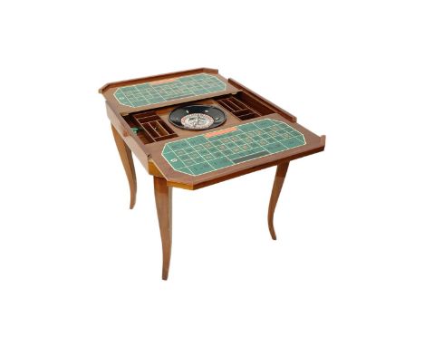 Vintage Italian Inlaid Wood Game Table. Includes: reversible table top (decorative top/checkers/chess), sliding Baccarat pane