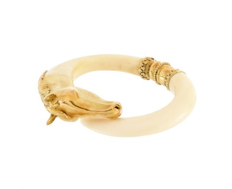 Vintage Guy Freres 18 Karat Yellow Gold and Ivory Hinged Cuff Horse Head Bangle Bracelet. Stamped 18K. Measures 2-1/4" interi