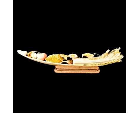 Chinese Polychrome Carved Ivory Cabbage and Cricket Group on Wooden Stand. Carving measures 13-3/4" L. We Will Not Ship This 