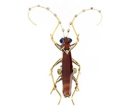 Vintage Iradj Moini Large Grass Hopper Brooch with a Carnelian Body, Gold Plated Legs and Antennae and Accented with Swarovsk