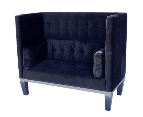 Mid Century Modern Black Suede High Back and Winged Tufted Love Seat. Measures 46-1/2" x 53-1/2" x 26-5/8". From the Jupiter 