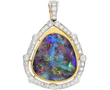 Large Vintage Australian Black Opal, Approx. 4.0 Carat Round Brilliant Cut Diamond and 18 Karat Yellow Gold Pendant. Opal wit