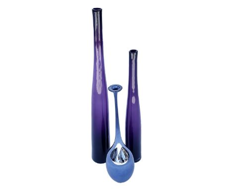 Three (3) Large Hand Blown Amethyst Art Glass Vases. Open pontil base. Large measures 29-1/2" H, smallest measures 19-1/2" H.
